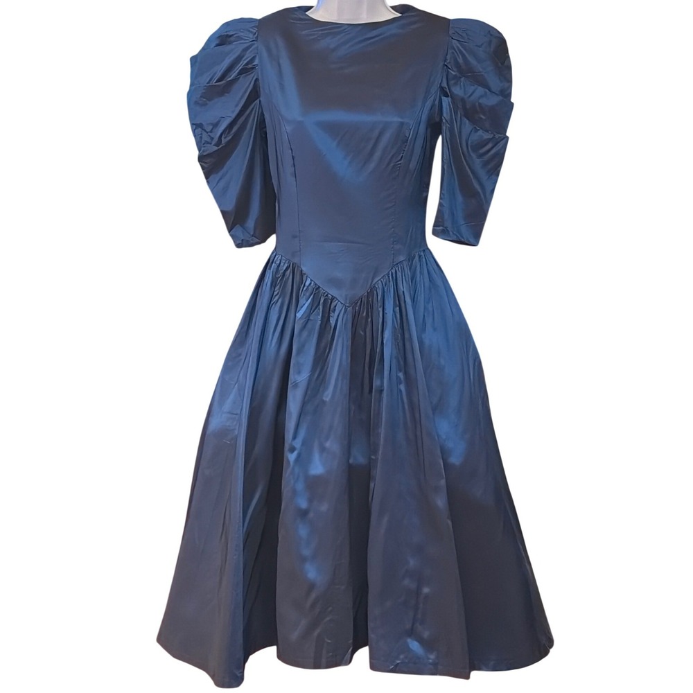 Vintage 80's Navy Blue Taffeta Gown 80s Prom Regency Dark Romance Puff Sleeve